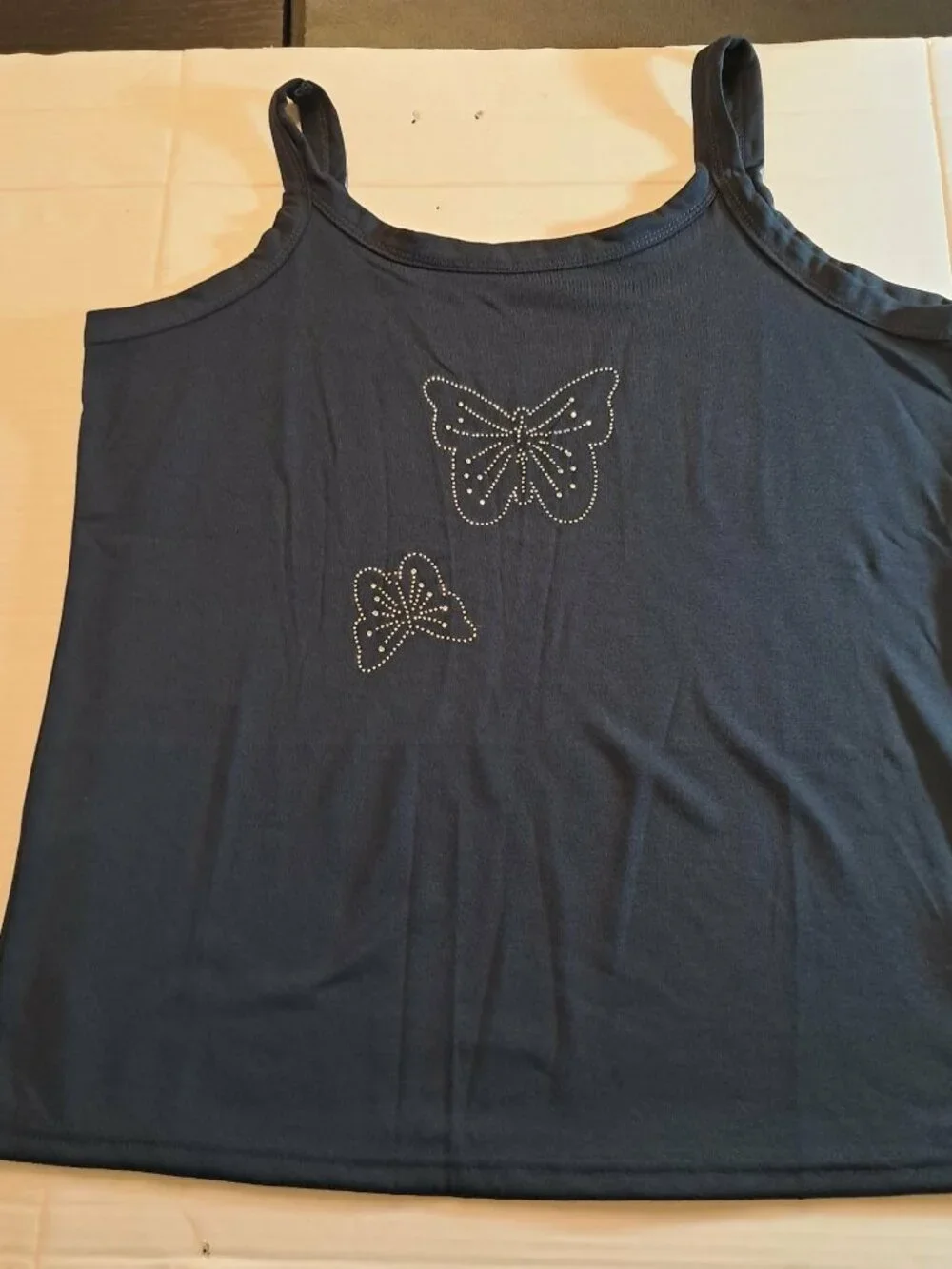 Navy Blue Strappy Top Rhinestone Butterfly Detail Size L - Picture 2 of 7
